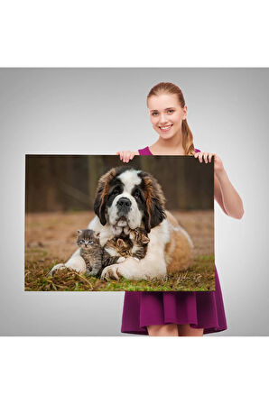 St. Bernard  Köpek Ve Yavru Kediler Dekoratif Kanvas Tablo 1124