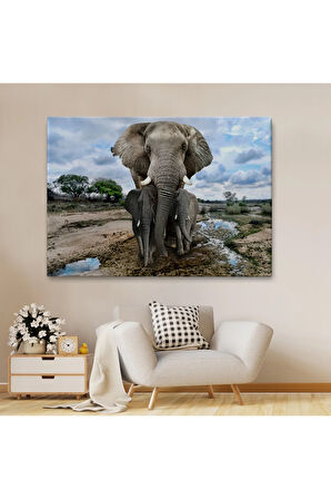 Fil Ve Yavruları Dekoratif Kanvas Tablo 1134