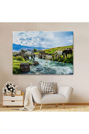 Dereden Geçen Atlar Manzaralı Dekoratif Kanvas Tablo 1169