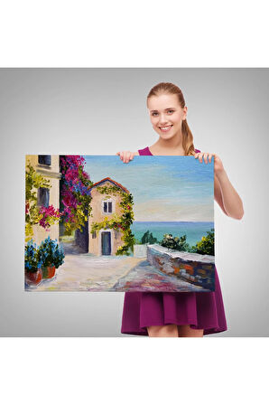 Santorinide Deniz Manzaralı Ev Kanvas Duvar Tablosu-1186