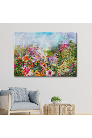 Suluboya Görünümlü Çok Renkli Çiçek Manzaralı Kanvas Tablo-1196