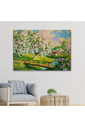 Köy İçinden Akan Akarsu Bahar Manzarası Duvar Tablosu-1204