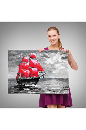 Okyanustaki Kırmızı Yelkenli Duvar Tablosu-1205