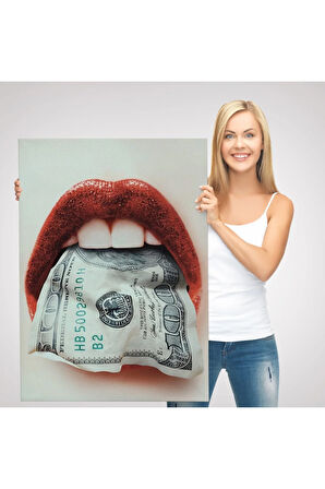 Ağzın Da Dolar Olan Kadın Duvar Tablosu-6260