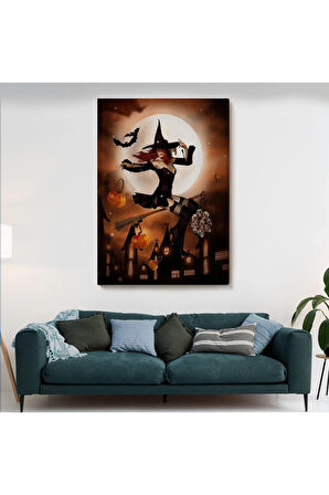 Süpürge İle Uçan Cadı, Cadılar Bayramı Hediyesi, Hellowen Tablo -6271