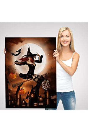 Süpürge İle Uçan Cadı, Cadılar Bayramı Hediyesi, Hellowen Tablo -6271