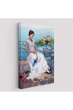 Terastaki Beyaz Elbiseli Güzel Kadın Tablosu-6273