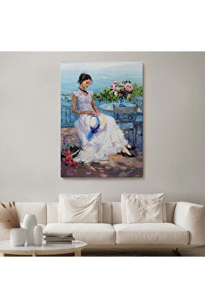 Terastaki Beyaz Elbiseli Güzel Kadın Tablosu-6273