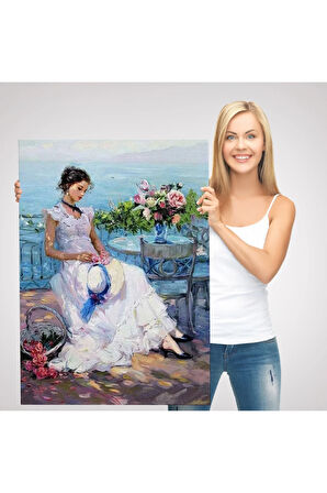 Terastaki Beyaz Elbiseli Güzel Kadın Tablosu-6273