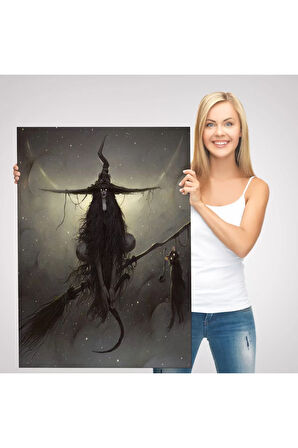 Süpürge İle Uçan Cadı Ve Kedisi, Cadılar Bayramı Hediyesi, Hellowen Tablo -6287