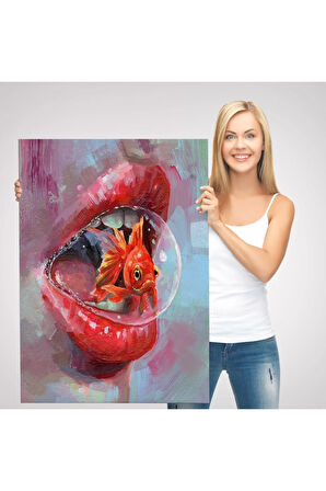 Kırmızı Rujlu Dudak Balon Içerisinde Turuncu Japon Balığı Duvar Tablosu-6293