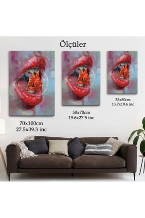 Kırmızı Rujlu Dudak Balon Içerisinde Turuncu Japon Balığı Duvar Tablosu-6293