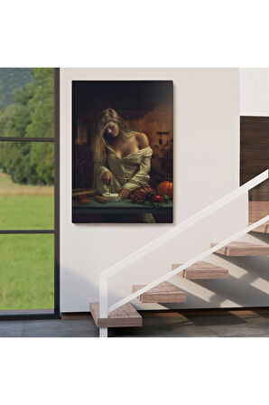 Peynir Kesen Güzel Kadın Dekoratif Duvar Tablosu-6299