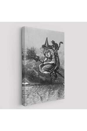 Süpürge İle Uçan Yaşlı Cadı Ve Kedisi, Cadılar Bayramı Hediyesi, Hellowen Tablo -6304
