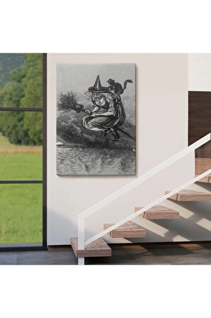 Süpürge İle Uçan Yaşlı Cadı Ve Kedisi, Cadılar Bayramı Hediyesi, Hellowen Tablo -6304