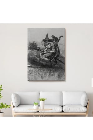 Süpürge İle Uçan Yaşlı Cadı Ve Kedisi, Cadılar Bayramı Hediyesi, Hellowen Tablo -6304