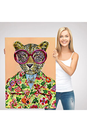 Kokoş Leopar, Çiçek Taçlı Sosyetik Leopar Tablosu -6325