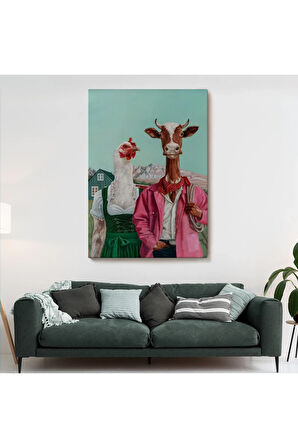 Tavuk Ve İnek Amerikan Gotik Komik Çiftlik Tablosu-6349