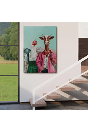 Tavuk Ve İnek Amerikan Gotik Komik Çiftlik Tablosu-6349