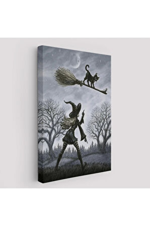 Cadı Süpürgesi İle Uçan Kara Kedi Tablosu, Witches Halloween-6353