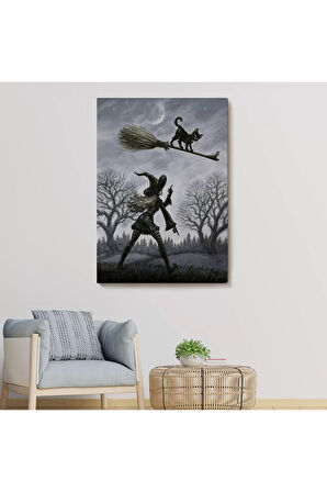 Cadı Süpürgesi İle Uçan Kara Kedi Tablosu, Witches Halloween-6353