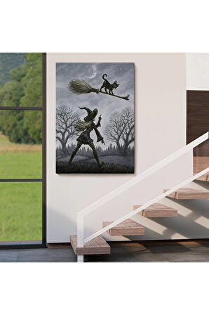 Cadı Süpürgesi İle Uçan Kara Kedi Tablosu, Witches Halloween-6353
