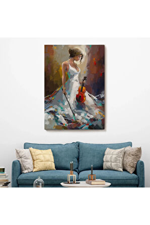 Beyaz Elbiseli Kemani Kadın Duvar Tablosu-6380