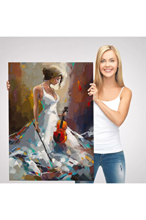 Beyaz Elbiseli Kemani Kadın Duvar Tablosu-6380