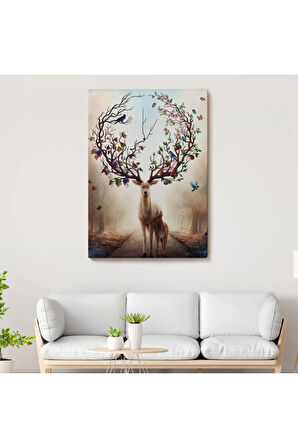 Geyik Yboynuzları Üzerinde Renkli Kuşlar Tablosu-6477