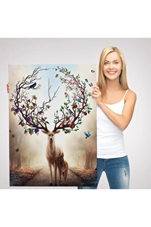 Geyik Yboynuzları Üzerinde Renkli Kuşlar Tablosu-6477