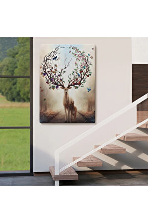 Geyik Yboynuzları Üzerinde Renkli Kuşlar Tablosu-6477