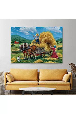 At Arabasına Saman Yükleyen Köylüler Duvar Tablosu-6531