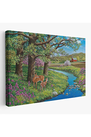 Akarsu Kenarındakı Ceylan Ve Yavrusu Duvar Tablosu-6535