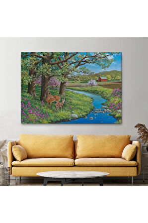 Akarsu Kenarındakı Ceylan Ve Yavrusu Duvar Tablosu-6535