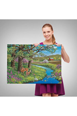 Akarsu Kenarındakı Ceylan Ve Yavrusu Duvar Tablosu-6535