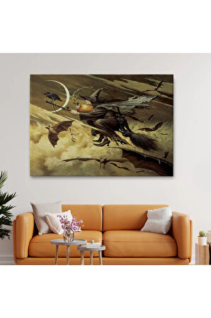 Süpürge İle Uçan Cadı Ve Kedisi Cadılar Bayramı Helloven Duvar Tablosu -6559