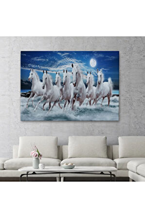 Sahildeki Koşan Beyaz Atlar Tablosu-6580
