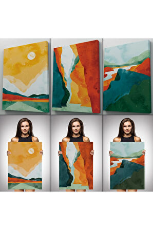 3’lü Tablo Estetik Manzaralar Suluboya Sanat Dekoratif Tablo Seti-ac-3