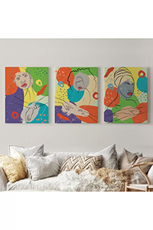 Pop Art Afrika Kadın Renkli Portre 3 Lü Duvar Tablo Seti -ag-7