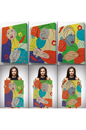 Pop Art Afrika Kadın Renkli Portre 3 Lü Duvar Tablo Seti -ag-7