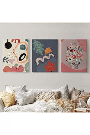 Renkli Çiçekler, Mutfak, Antre  Çağdaş Duvar Tablosu 3 Lü Set-aj-10