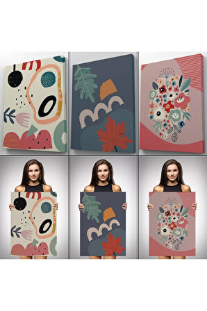 Renkli Çiçekler, Mutfak, Antre  Çağdaş Duvar Tablosu 3 Lü Set-aj-10