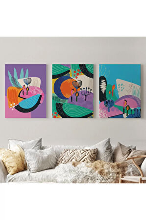 Doğa Motifleri, Çiçek Yaprakları, Modern Soyut Tarzda 3 Lü Kanvas Tablo Seti-ak-11