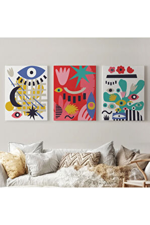 Çağdaş Sanat Gözleri Olan Soyut 3 Lü Kanvas Tablo Seti-al-12