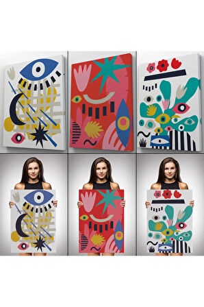 Çağdaş Sanat Gözleri Olan Soyut 3 Lü Kanvas Tablo Seti-al-12