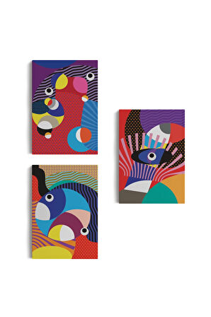 Renkli Geometrik Desenli Pop Art 3 Lü Kanvas Duvar Tablo Seti-ao-14