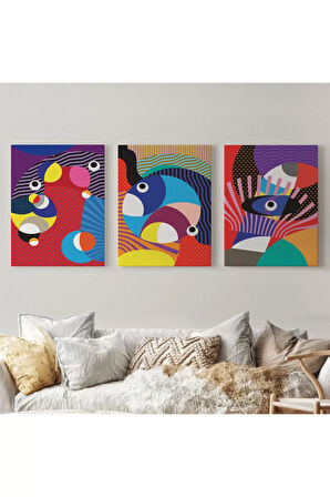 Renkli Geometrik Desenli Pop Art 3 Lü Kanvas Duvar Tablo Seti-ao-14