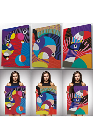 Renkli Geometrik Desenli Pop Art 3 Lü Kanvas Duvar Tablo Seti-ao-14