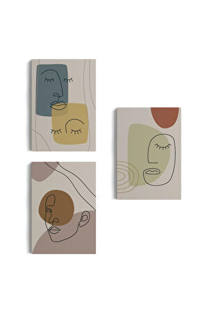 3’lü Tablo Minimal Şekiller Ve Çizgi Sanat Yüzleri Soyut Sanat Tablo Seti-ap-16