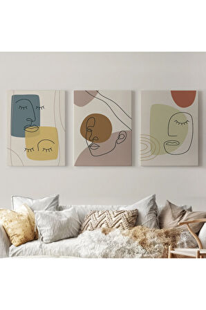 3’lü Tablo Minimal Şekiller Ve Çizgi Sanat Yüzleri Soyut Sanat Tablo Seti-ap-16
